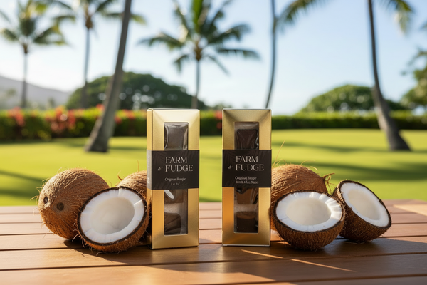 Premium Hawaiian vegan fudge by Farm to Fudge Maui, featuring rich coconut flavor and artisan packaging inspired by island living.
