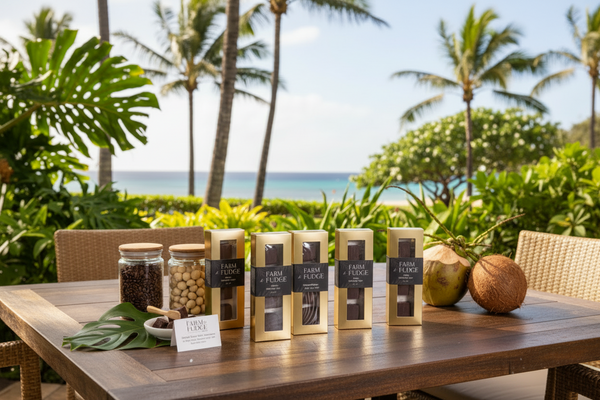 Vegan Fudge Box with five golden boxes from Farm to Fudge Maui, including Sunset, Mint, Java with macadamia nuts, Original Recipe, and Original with macadamia nuts.
