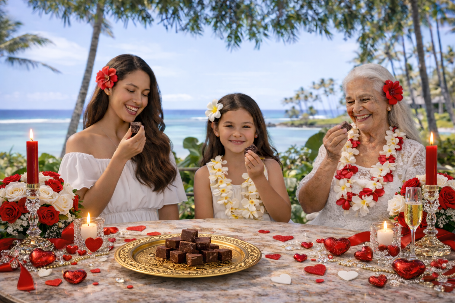 Three women enjoying a romantic outdoor setting with candles, flowers, and a plate of fudge