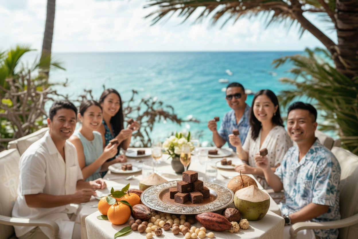 Chocolate squares on a decorative plate with a scenic ocean view and palm trees in the background