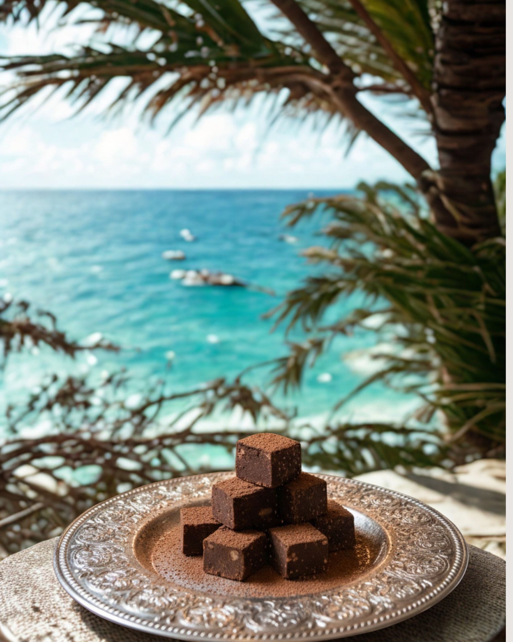 Chocolate squares on a decorative plate with a scenic ocean view and palm trees in the background