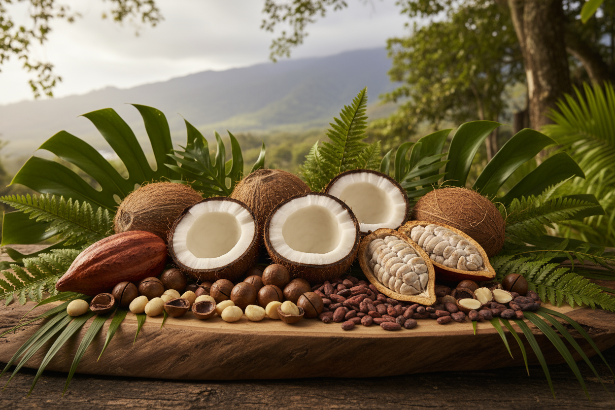 coconut and macadamia nuts and cacaco luxury background hawaii