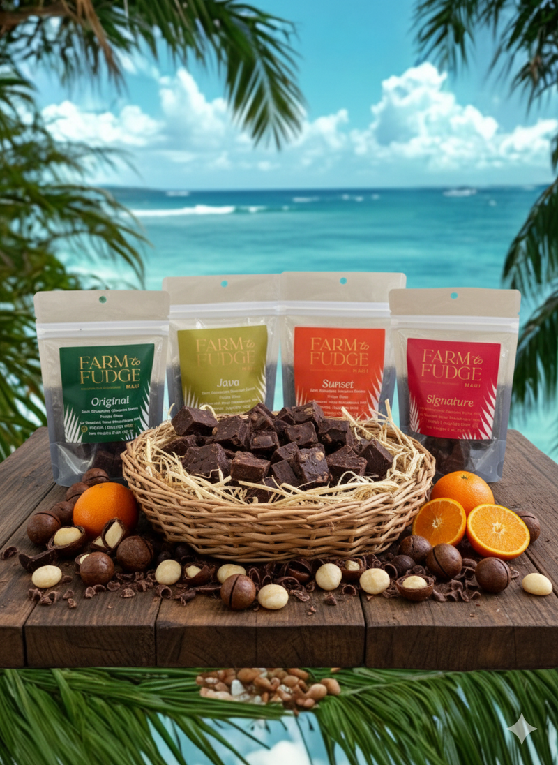 Artisan Hawaiian vegan fudge assortment displayed with fresh ingredients.