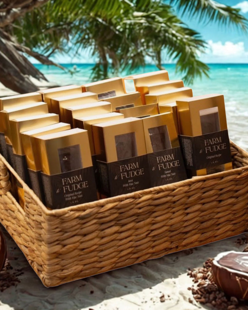 Gift-ready Hawaiian vegan fudge in gold boxes, handcrafted by Farm to Fudge Maui.