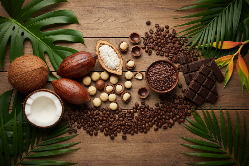 image with macadamia nuts, cacao, coffee, chocolate pieces, coconuts in hawaii
