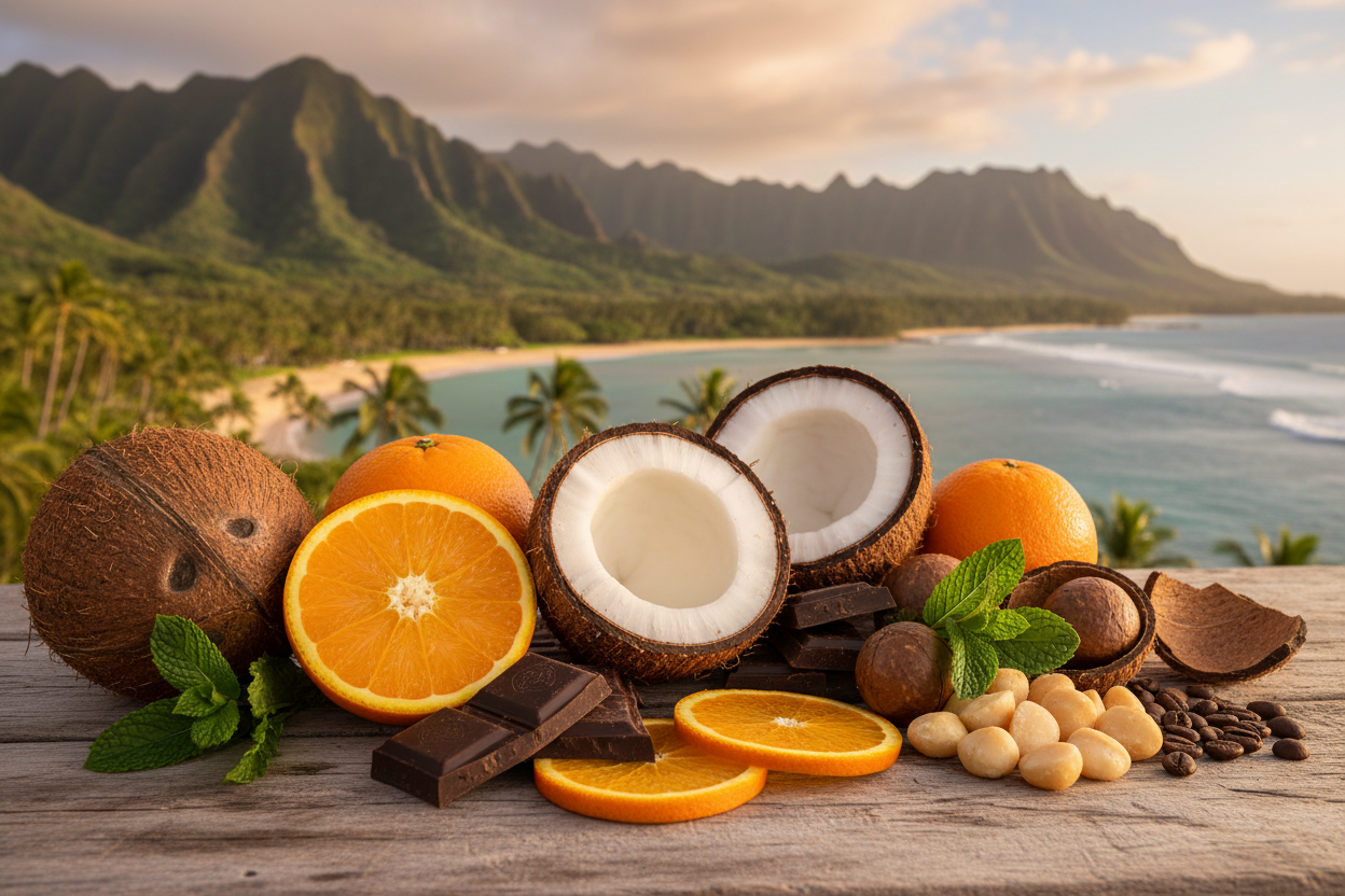 Plant-based Hawaiian fudge ingredients with coconut, orange, macadamia nuts, and dark chocolate.